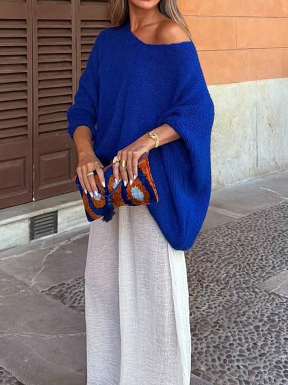 Blue Casual Women's Asymmetric Loose Drop Shoulder Pullover